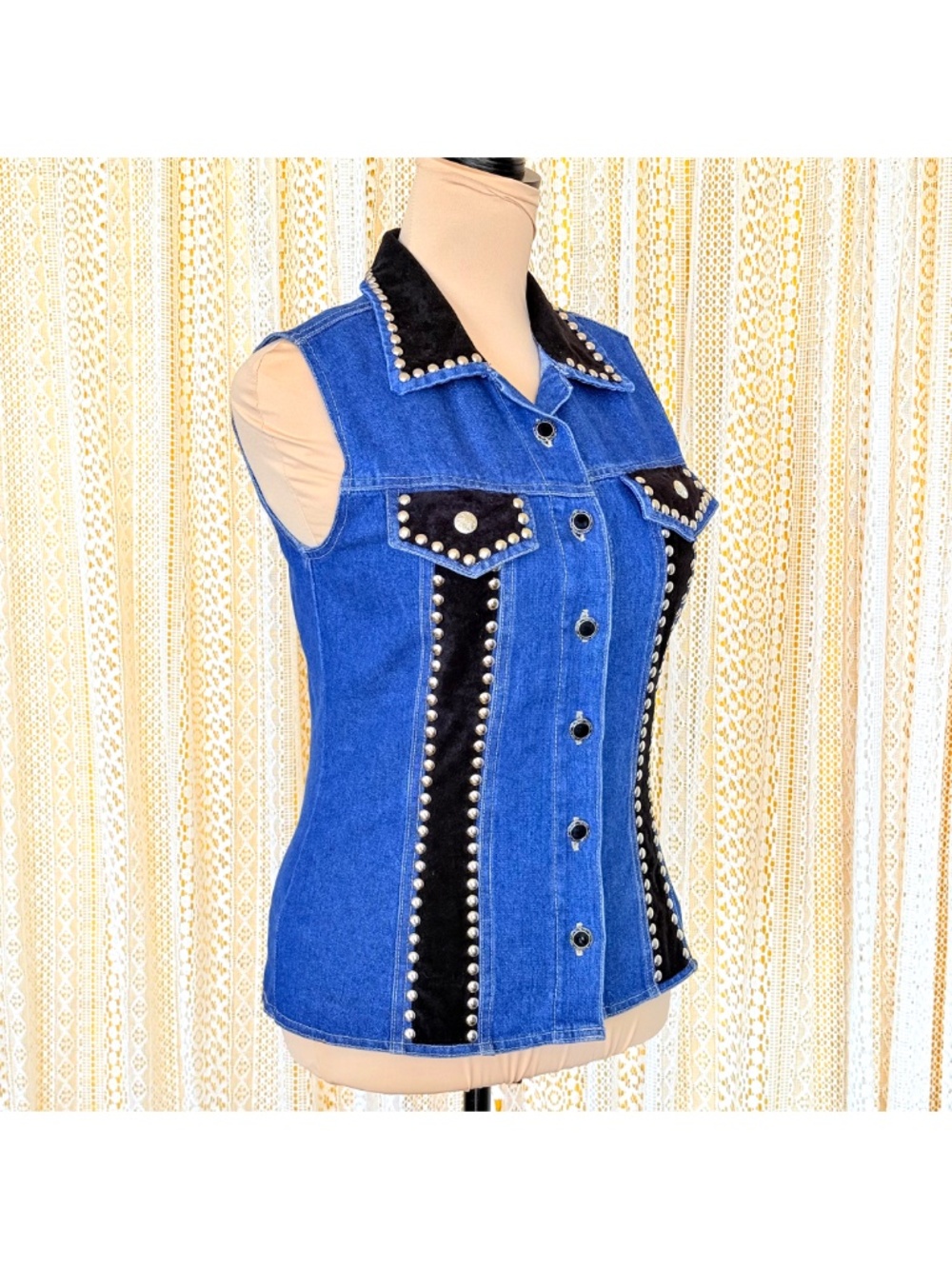 VTG 90s Western Studded Denim Vest Black Velvet Goth Cowgirl Moto Biker Sz S